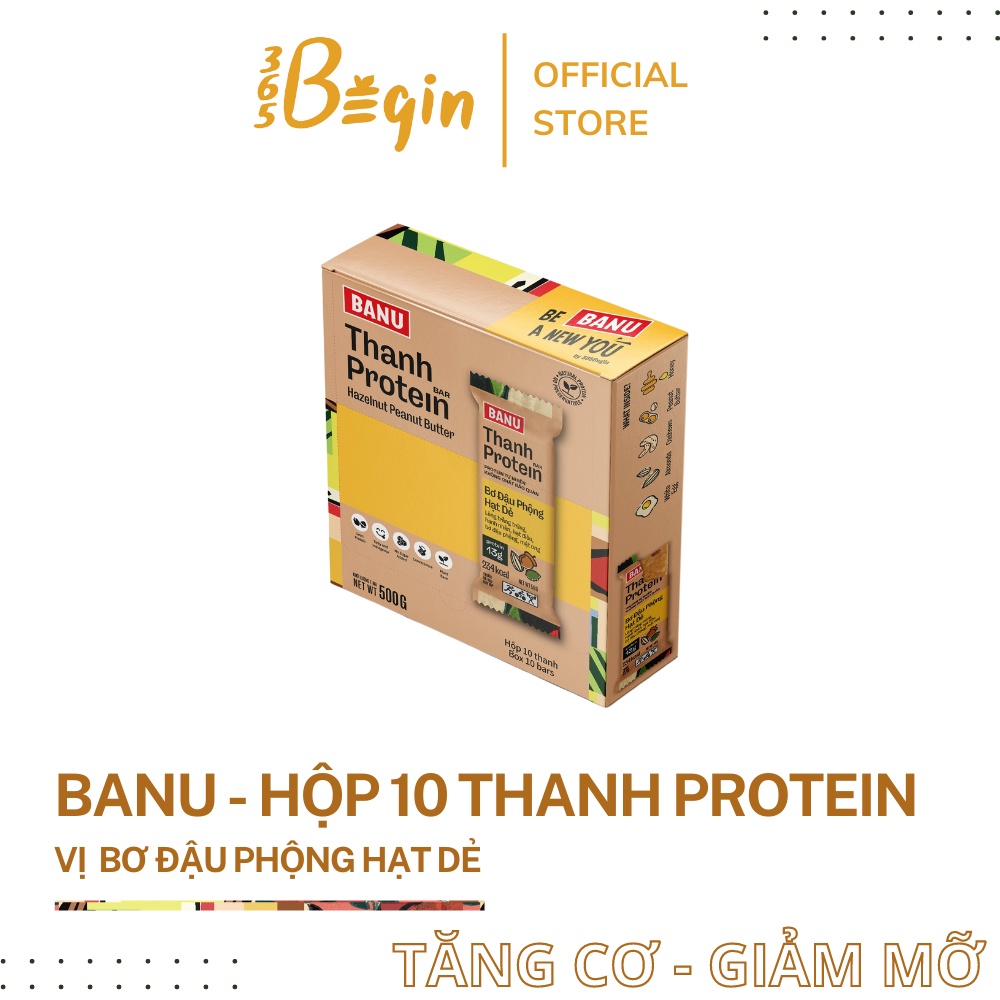 Hộp 10 Thanh năng lượng protein bar BENU 365Begin vị bơ đậu phộng hạt dẻ