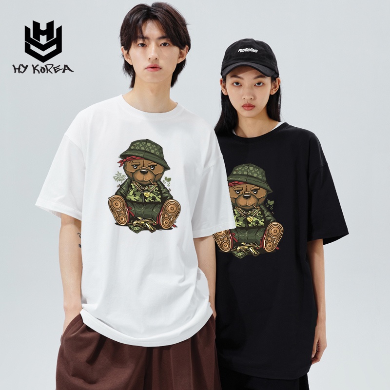 Áo Thun Nam Tay Lỡ HY Korea Form Rộng Cotton 100 In Hình Gấu Lính 552.