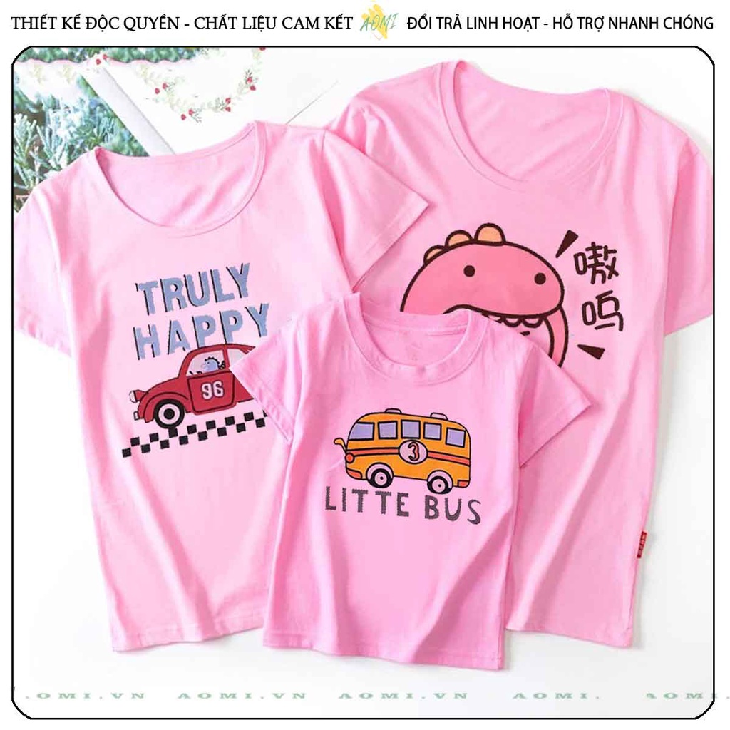 ÁO THUN UNISEX hoat hình khủng long cute PHÔNG HỒNG TAY NGẮN NAM NỮ GIA ĐÌNH CẶP ĐÔI SIZE TRẺ EM BÉ TRAI GÁI AOMIVN