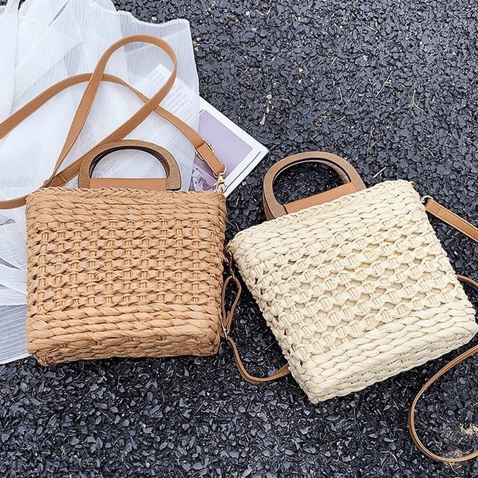 Túi cói vuông quai xách gỗ - cầm tay và đeo chéo - (New Arrival)