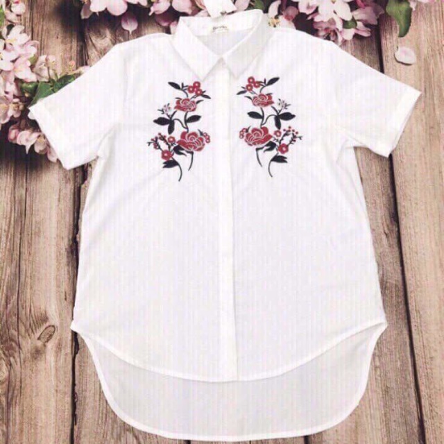 Sơ mi trắng BSK vạt lệch thần thánh💐thêu cực kỳ tinh xảo chất thô lụa xuất Hàn cục đẹp🌺nhẹ mát cổ đức ko nhăn giá 200k
