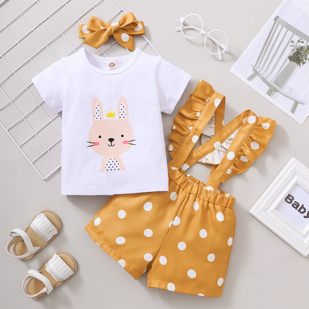 Set 3 món Mikrdoo gồm áo tay ngắn in hình thỏ + quần chấm bi + băng đô cài tóc thời trang mùa hè cho bé gái sơ sinh