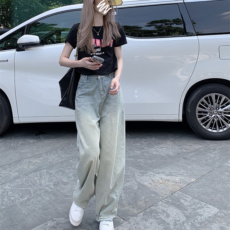 Quần Jean Ống Suông Rộng Phối Màu Gradient Cá Tính Thời Trang