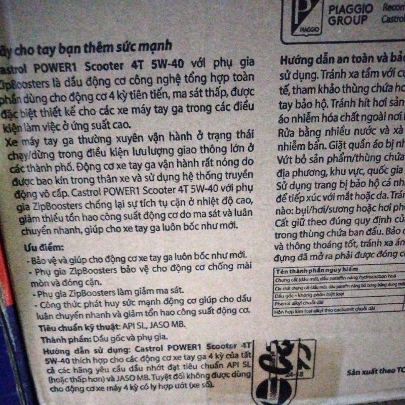 Nhớt 5w40 chính hãng chuyên cho xe vespa