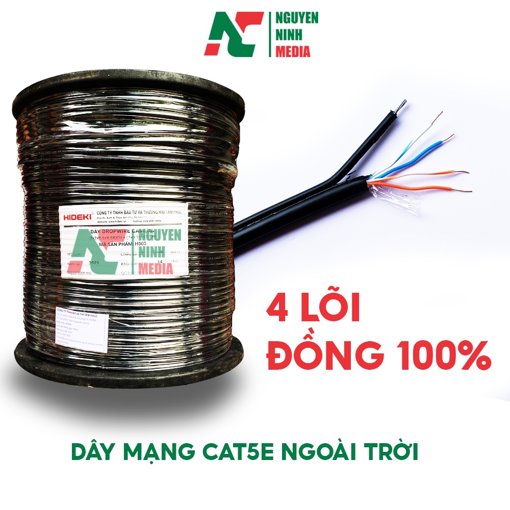 Cáp Mạng Ngoài Trời HIDEKI Cat5e Dropwire 4 Lõi Đồng Nguyên Chất, Có Sợi Thép Chịu Lực, Vỏ HDPE Siêu Bền (Bán Lẻ Mét)