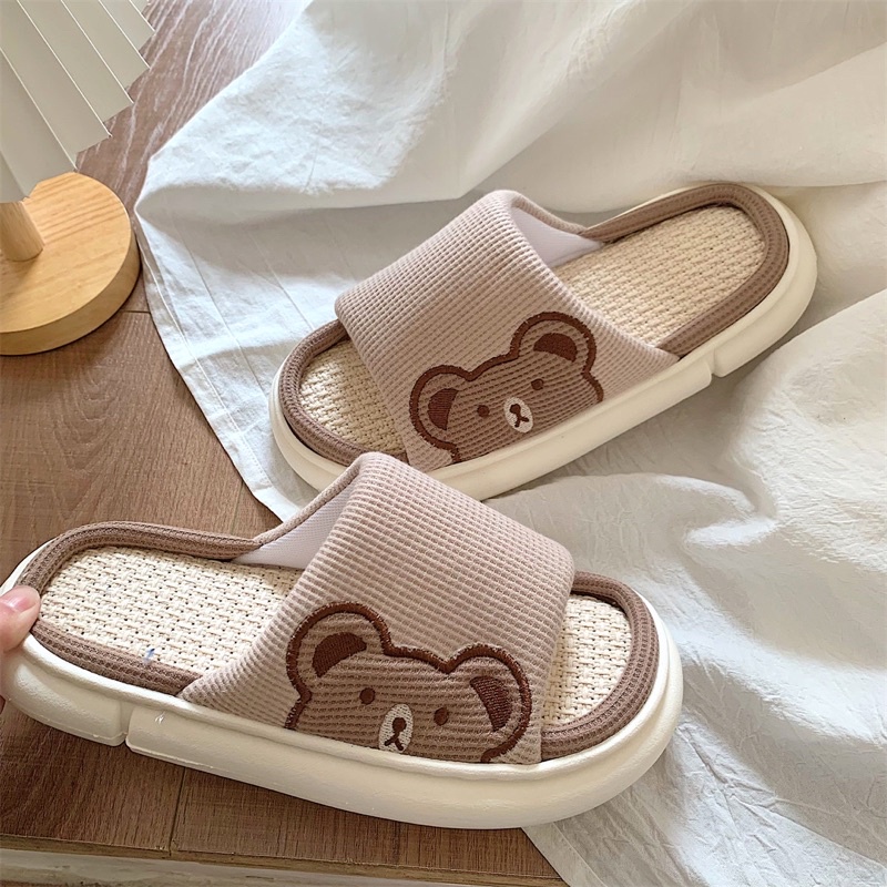 Dép đi trong nhà cotton linen hoạ tiết hoạt hình chống trượt đế dày