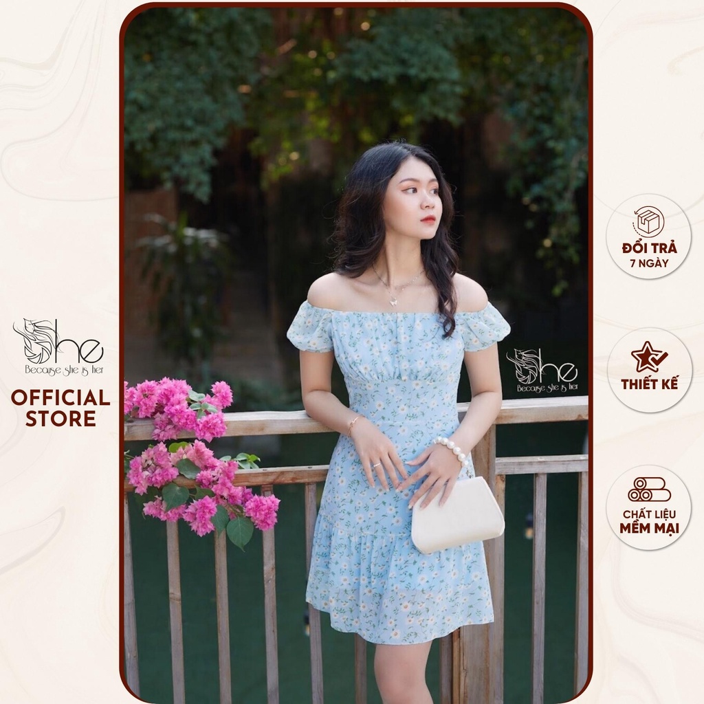 Váy nữ hoa nhí siêu xinh She, đầm nữ bẹt vai mặc 2 kiểu thời trang đi biển SDX123