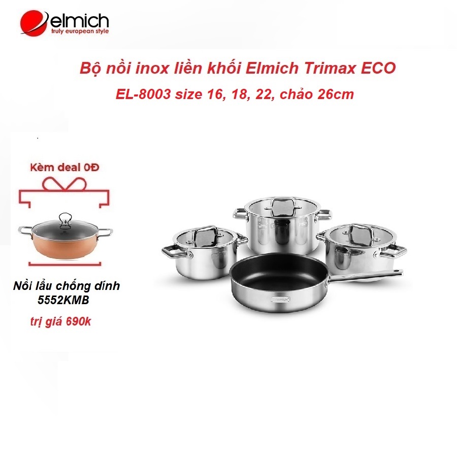 Bộ nồi inox liền khối Elmich Trimax ECO EL-8003 size 16, 18, 22, chảo 26cm