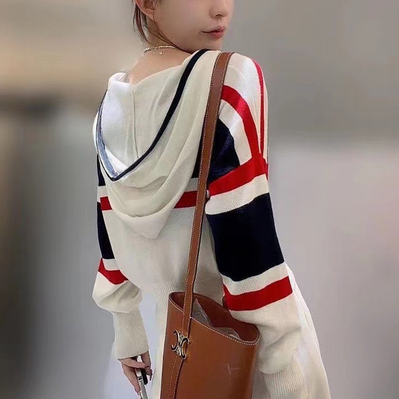 IELGY Áo sweater Dệt Kim Tay Dài Có Mũ Trùm Khóa Kéo Phối Màu Sắc Khối Dễ Phối Đồ Thời Trang Cho Nữ