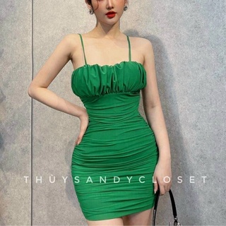 Đầm 2 dây nhún body TIBU, Váy Ôm Body Nữ Sexy Dự Tiệc Cưới Thun Borp Màu Đen Xanh