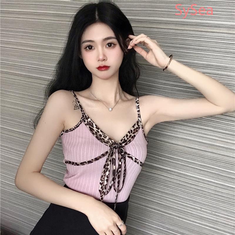 Áo Hai Dây Dệt Kim Phối Họa Tiết Da Báo Quyến Rũ Cho Nữ