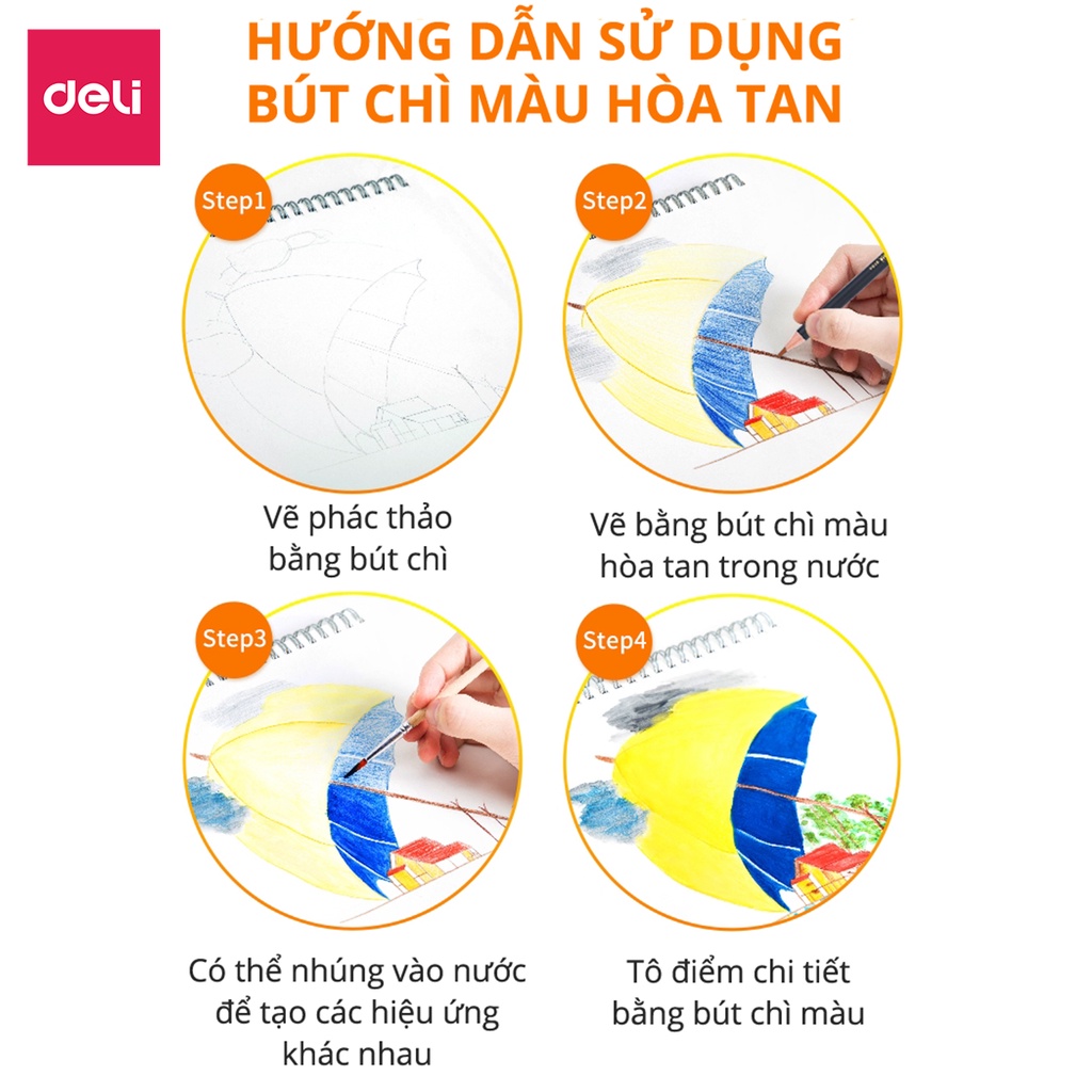 Bút chì màu nước cao cấp Deli 24 - 36 - 48 màu/ hộp kèm bút lông - 6518/6519/6520