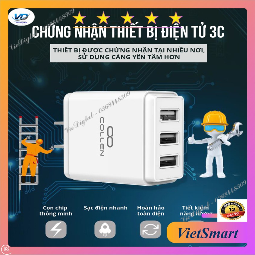 Củ Sạc Nhanh 3.4A 3 Cổng 3 Chân Cắm USB Collen Đa Năng Cho Điện Thoại [bảo hành 6 tháng, lỗi 1 đổi 1 trong 30 ngày]