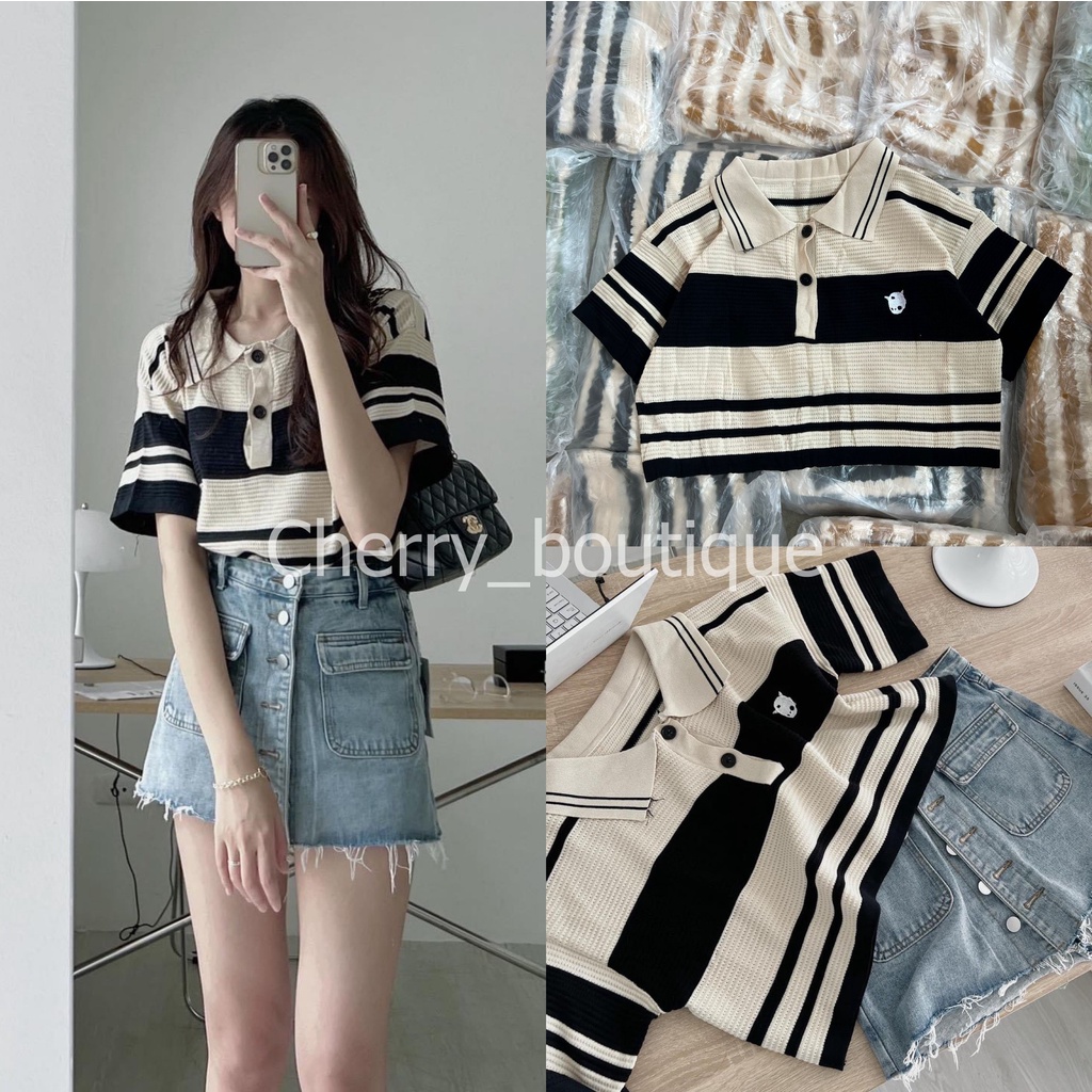 Áo croptop ngắn tay mongtoghi kẻ ngang cổ polo