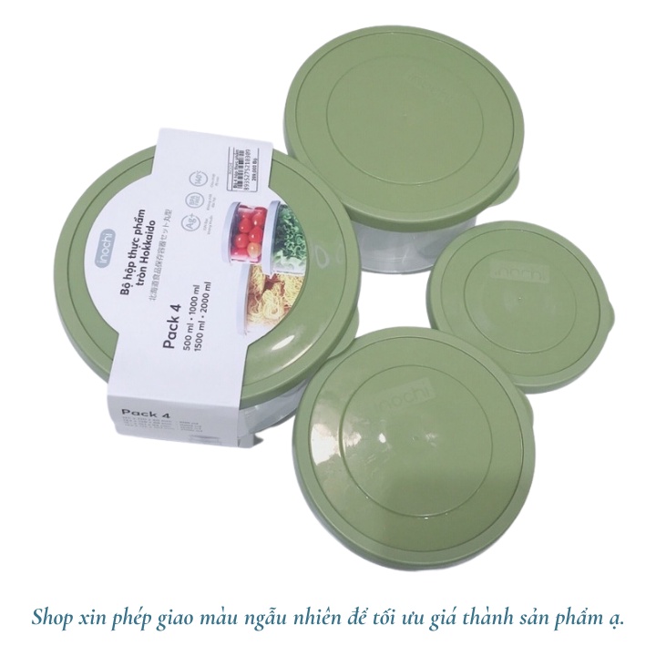 Bộ 4 hộp thực phẩm tròn Inochi Hokkaido 500-1000-1500-2000ml Inochi  chất liệu nhựa PP an toàn sử dụng