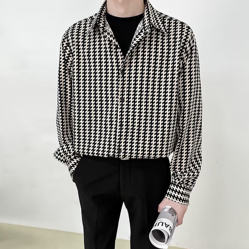 Áo Sơ Mi Lụa Lạnh Tay Dài Kẻ Sọc Ca Rô Màu Đen Có Size M-3XL Phong Cách Hàn Quốc Cho Nam Giới