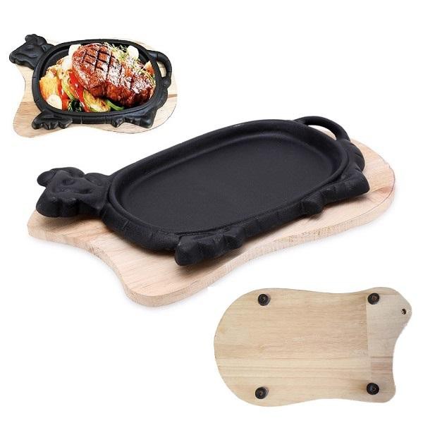 Chảo gang chống dính dùng cho tất cả các loại bếp,bếp ga,bếp từ,bếp than, có đế gỗ làm bò bít tết Dragon