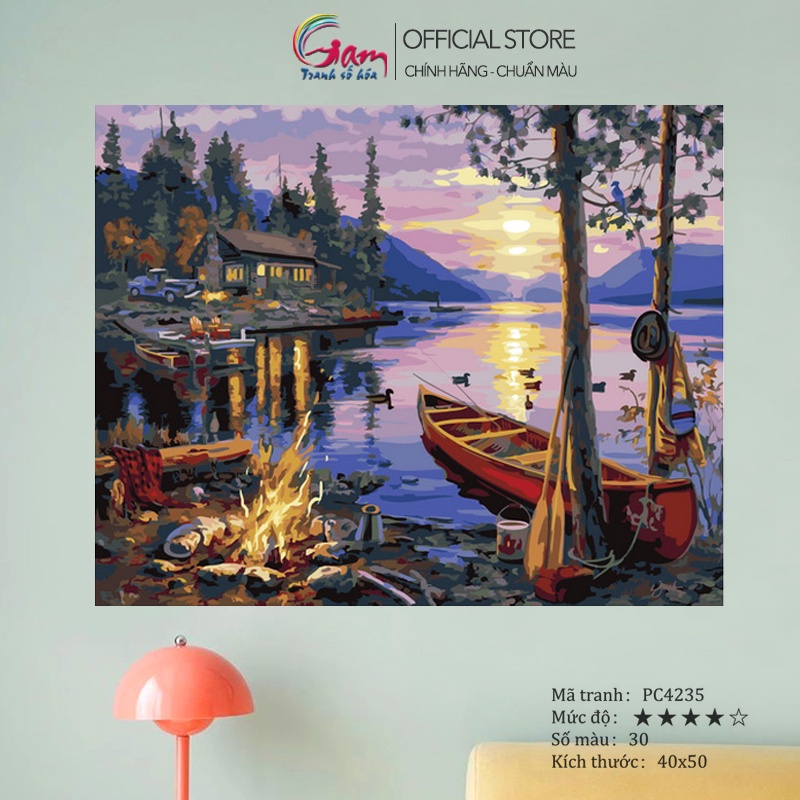 Tranh số hóa tự tô màu cho người lớn GAM phong cảnh hồ nước hoàng hôn có căng khung 40x50cm PC4235