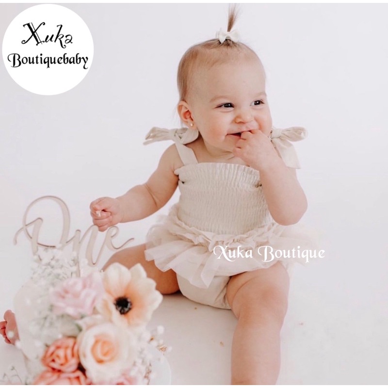 Váy Body Chip Ren buộc dây màu kem Soft Cotton Cao Cấp bé gái (ảnh thật) Size 73-80-90-100