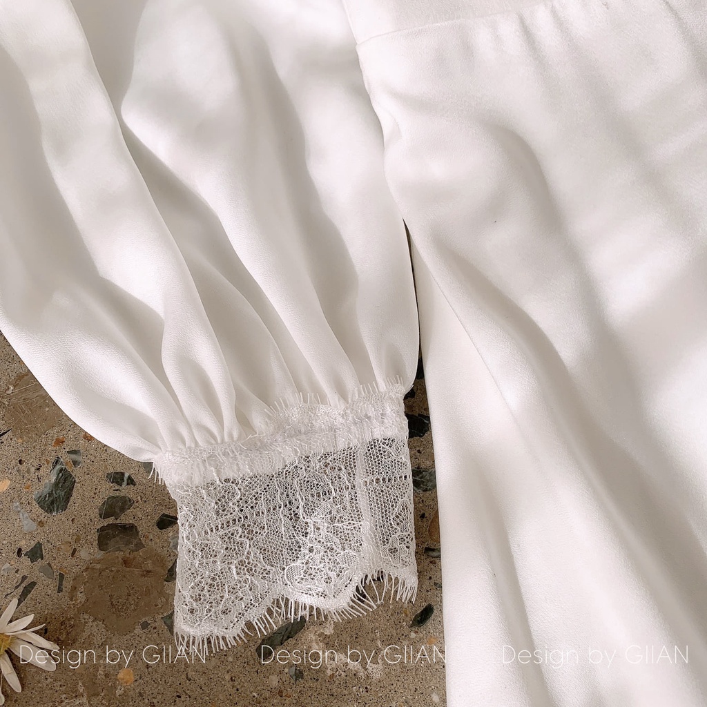 Váy trắng dự tiệc dáng dài cổ V phối ren thiết kế chính hãng GIIAN, đầm cô dâu lụa đính ngọc tinh tế - V2095 | WebRaoVat - webraovat.net.vn