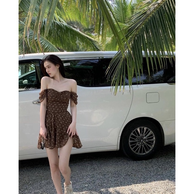 (Có BigSize) Đầm Váy Hoa Nâu Nhún Eo 2 Lớp Có Mút Ngực Và Lót Quần