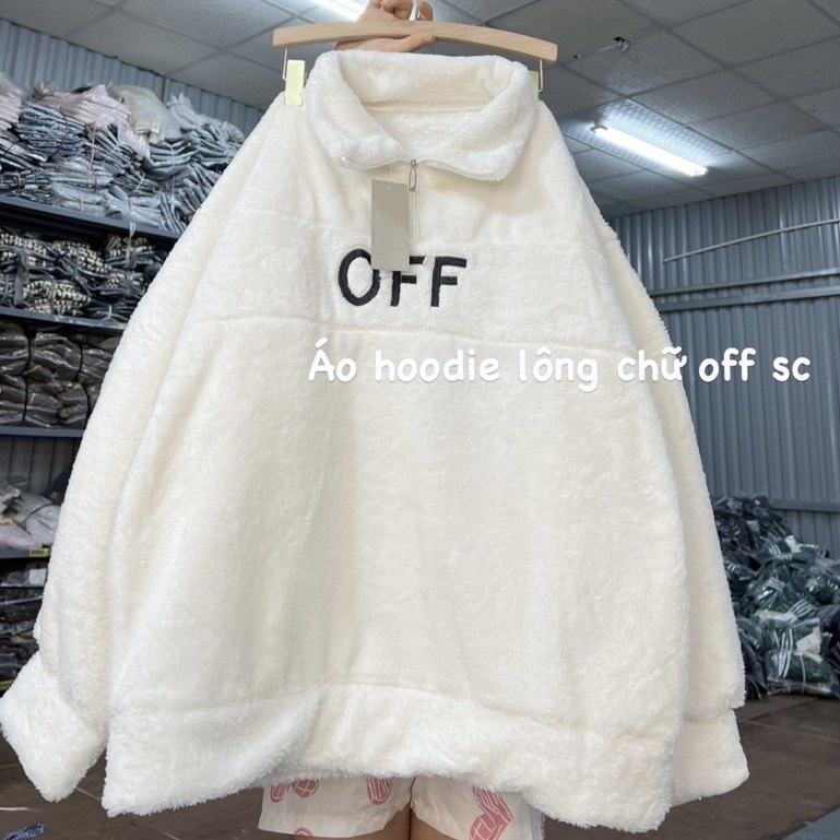 Áo khoác lông màu trắng thiết kế họa tiết chữ OFF KUDOSHOP Áo khoác ngoài form rộng unisex dễ phối đồ