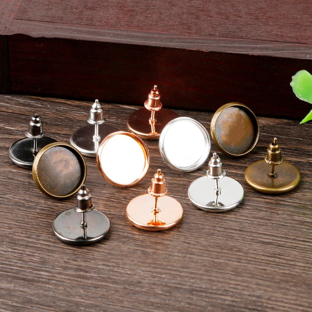 Bộ 50 khung khuyên tai / nút tròn trơn 14mm / kích thước đế 12mm mặt kính màu vàng / bạc / đồng