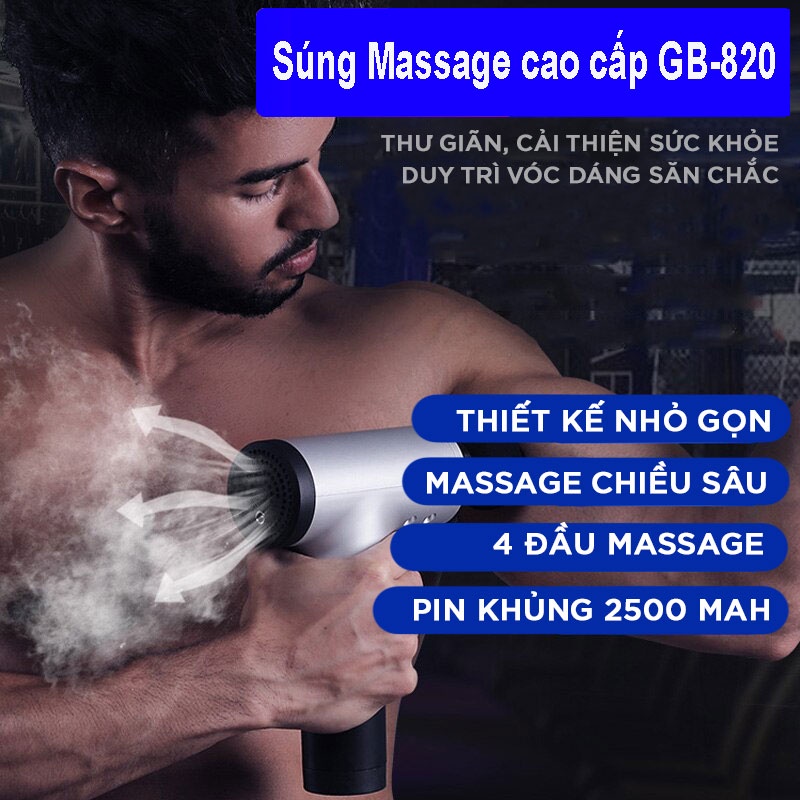 Súng massage cầm tay Fascial Gun, công suất 135W, dung lượng pin 2500mAh, gồm 4 đầu massage và 6 chế độ massage
