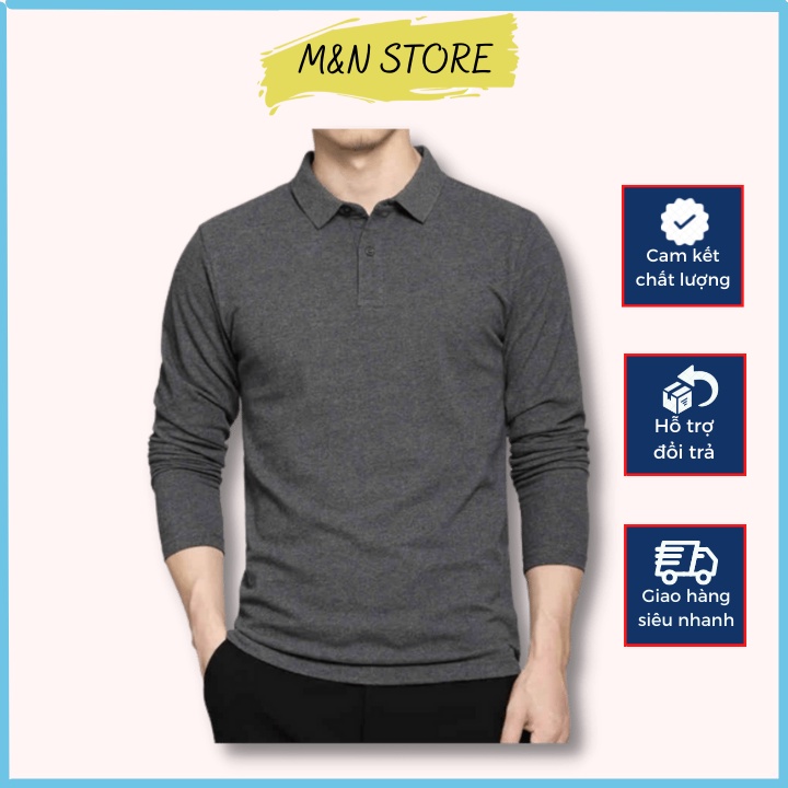 Áo thun nam dài tay cổ bẻ kiểu dáng trơn basic chất liệu cotton co giãn thoải mái