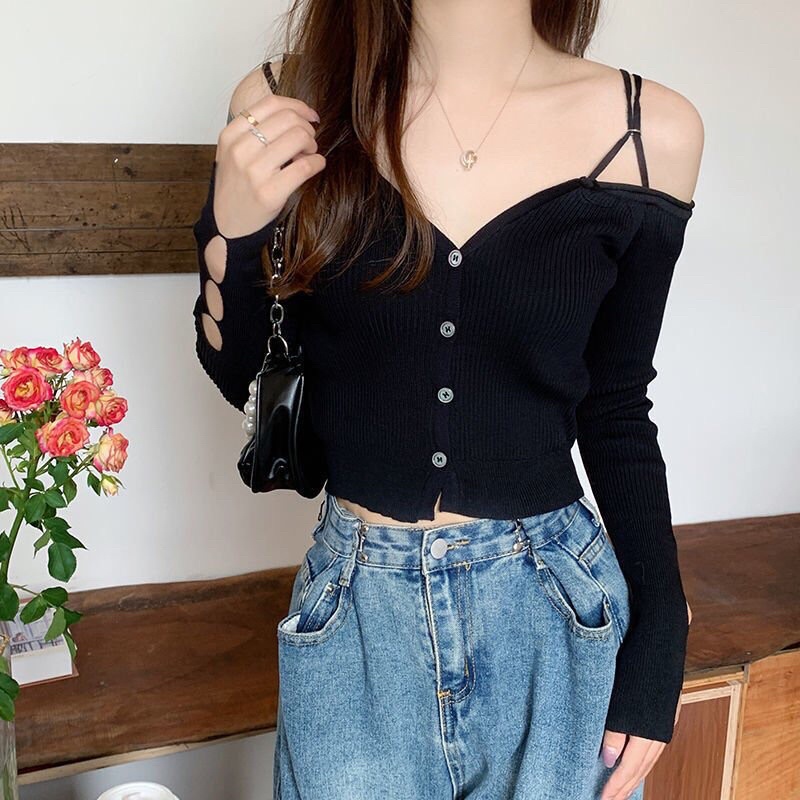 Áo len nữ dệt kim cách điệu trễ vai cài khuy tay đan dây hàng QC