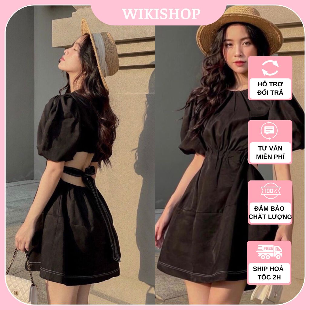Đầm nữ hở lưng, váy cộc tay chỉ nổi nơ lưng dáng xoè chữ A ngắn sexy màu đen hàn quốc đi tiệc freesize Wikishop C785