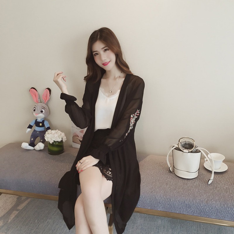 Áo khoác cardigan dáng dài thêu hoa sang trọng thanh lịch