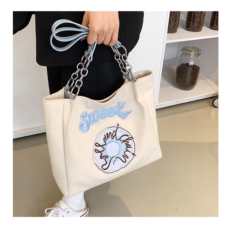 Túi Tote Đeo Vai Mùa Hè Bằng Vải Bạt Kích Thước Lớn Thêu Hình Bánh Donut Phong Cách Hàn Quốc Mới 2022