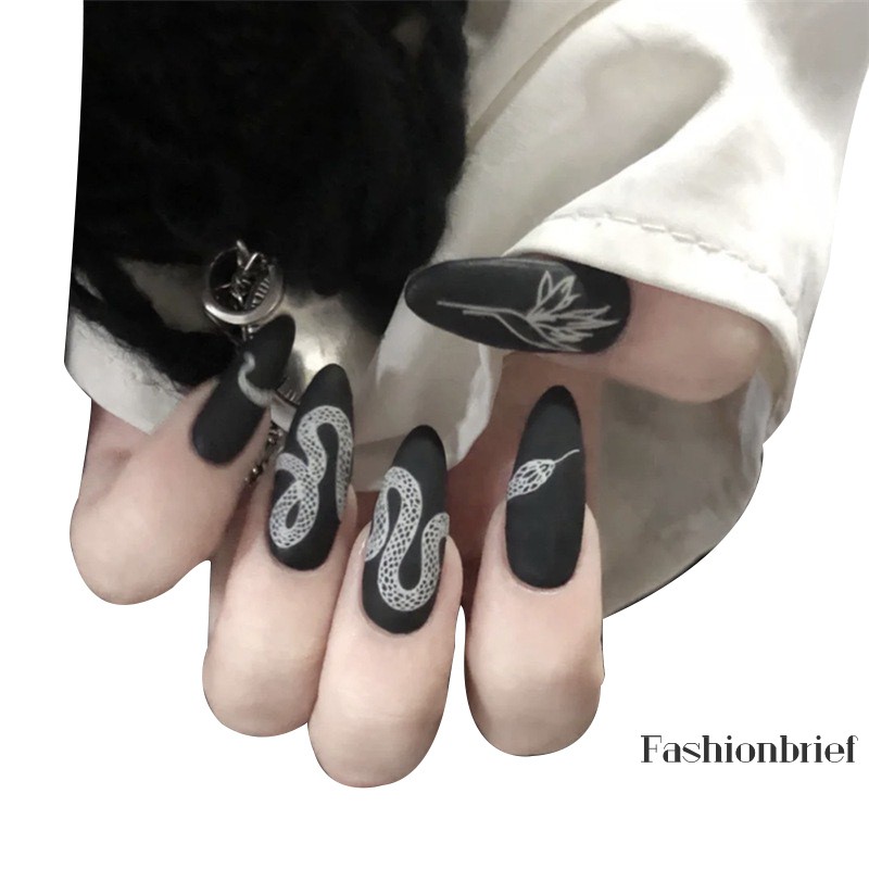 Bộ 24 móng tay giả thiết kế hình rắn phối màu trắng đen thời trang dễ tháo