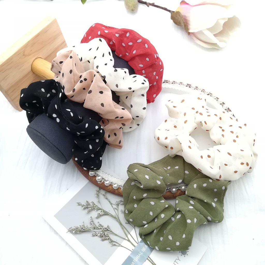 ( HOT) Dây buộc tóc, cột tóc vải scrunchies chiffon chấm bi siêu đẹp K2020