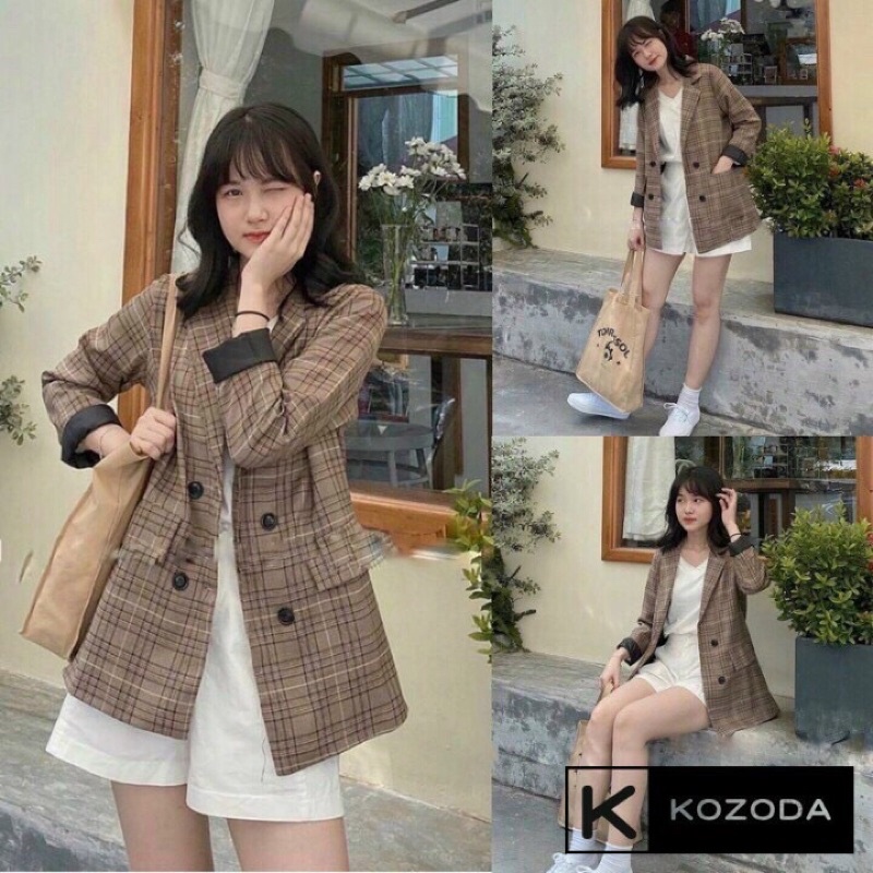 Áo blazer nữ dài tay sọc caro vintage, Áo vest nữ freesize 2 lớp khoác ngoài