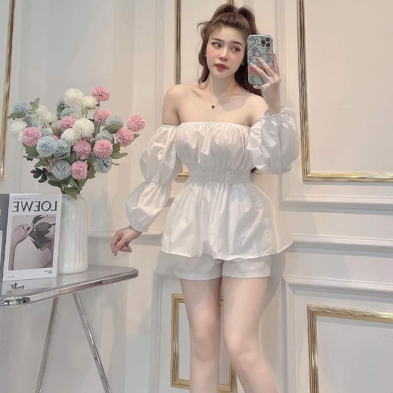 Set bộ đồ nữ áo trễ vai bánh bèo tiếu thư kèm quần short.