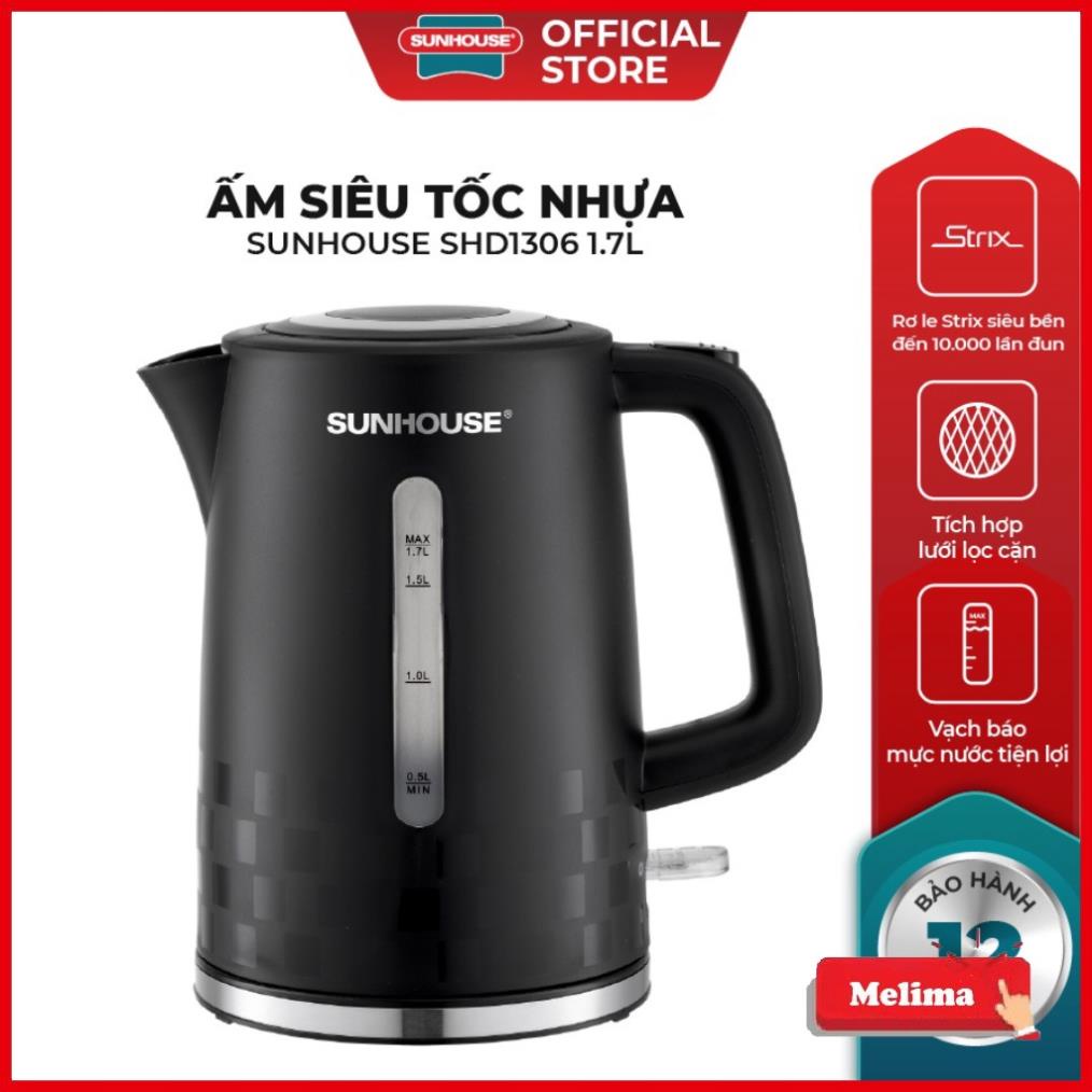 Ấm siêu tốc nhựa PP Nguyên Sinh Sunhouse SHD1306, 1.7 Lít, chất liệu An toàn tuyệt đối, Công suất 1800W, Melima