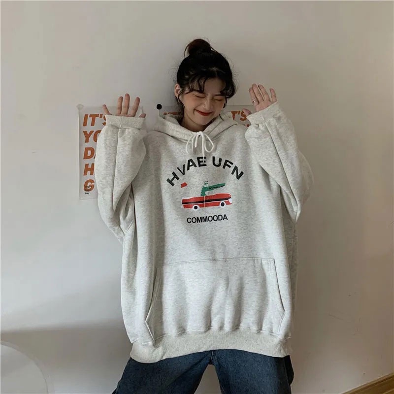 Áo Hoodie Tay Dài Dáng Rộng In Họa Tiết Đơn Giản Thời Trang Phong Cách Hàn Quốc Cho Nữ