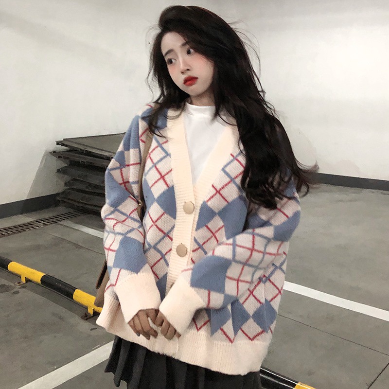 Hàng Sẵn_Áo khoác cardidan len dày rộng rãi thiết kế kẻ sọc retro