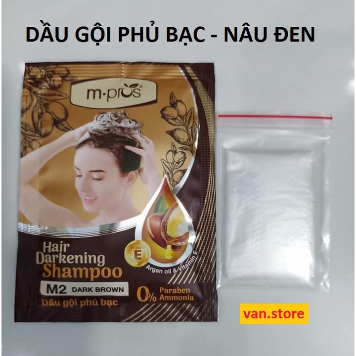 [Hộp 12 Gói] Dầu Gội Thảo Dược Nhuộm Tóc Đen/ Nâu Đen Phủ Bạc M.Pros - Tặng Kèm 12 Đôi Bao Tay Nilon