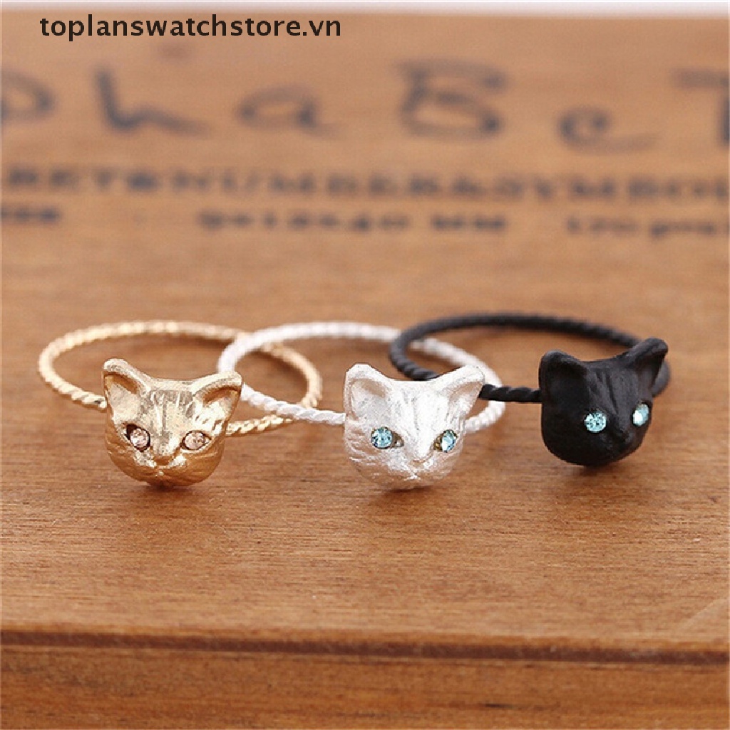 1 Nhẫn Mini Hình Mèo Đính Đá Màu Đen / Vàng / Bạc