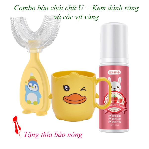 Combo bàn chải đánh răng chữ u cho bé + kèm đánh răng tạo bọt + cốc vịt vàng cho bé