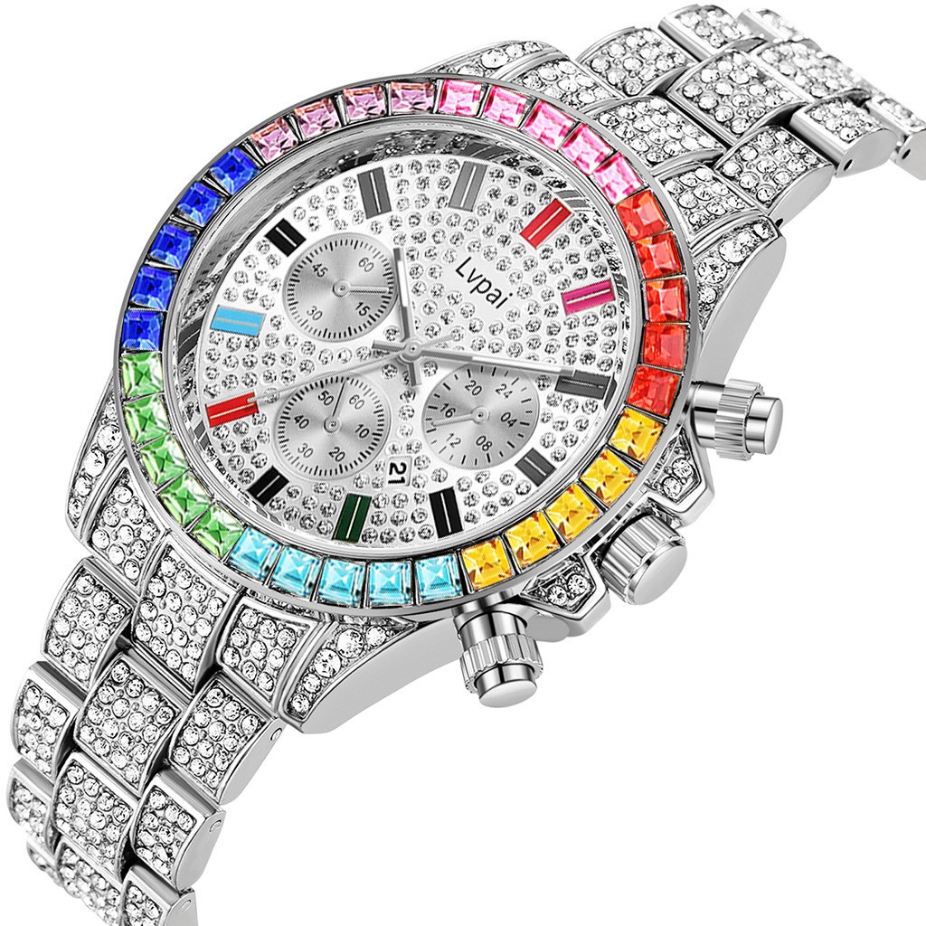 New Full Diamond Men's Watch Three-Eye Full Diamond Colorful Crystals Men's Business Fashion Quartz Watch Elegant All-Ma