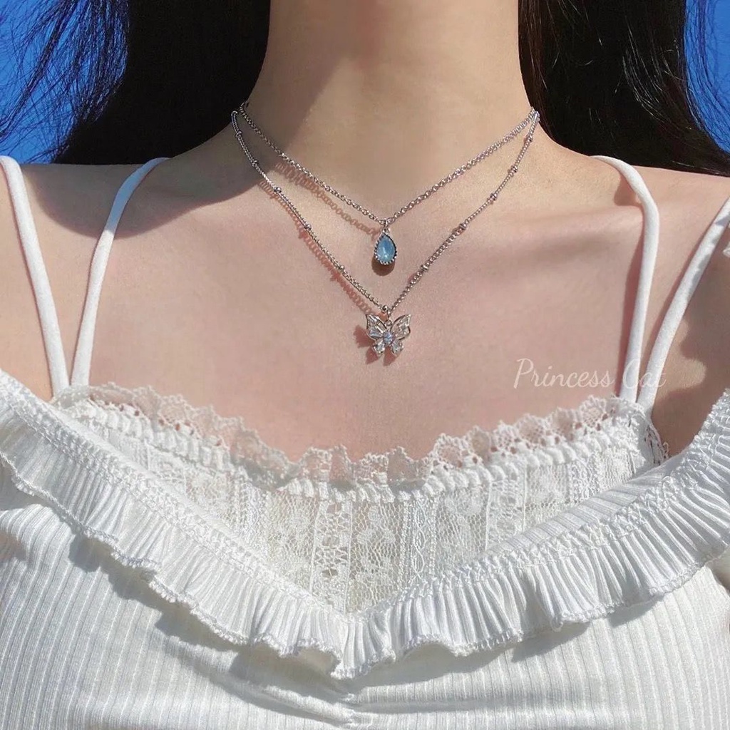 Vòng cổ hai lớp mặt hình bướm đính đá pha lê màu xanh dương phong cách Hàn Quốc sang trọng thời trang cho nữ