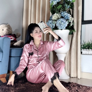 Bộ lụa phối ren tay dài quần dài