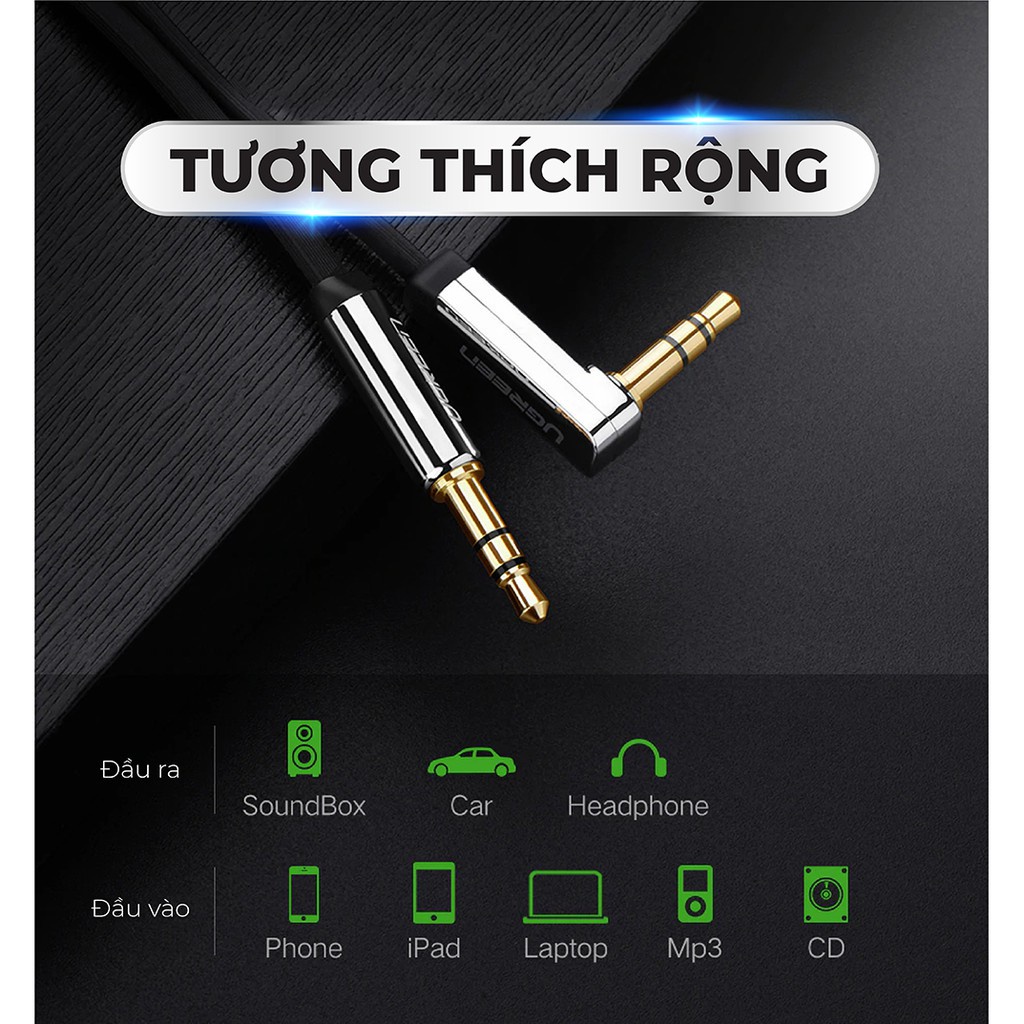 Dây Audio 3.5mm UGREEN AV119 | Dây dẹt,TPE  | 1 đầu vuông 90 | Bảo Hành 18 Tháng 1 Đổi 1.