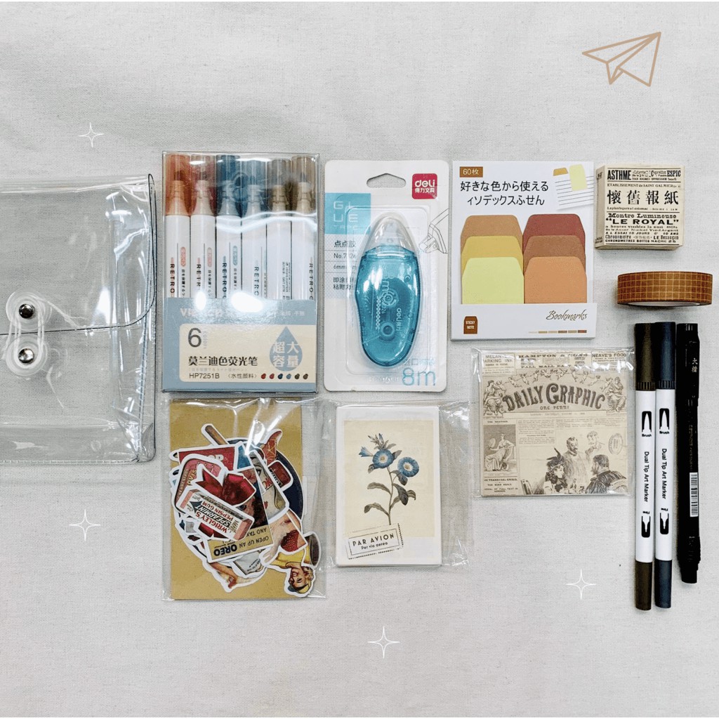 Combo &quot;Picked by JC Team&quot; theme Vintage - gồm bút Highlight Vience, Sticker, Giấy Nền, Washi Tape, Tape Glue, Brush Pen