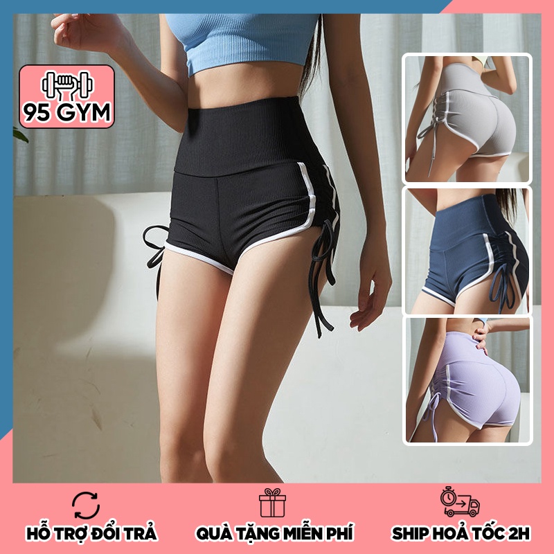 Quần tập gym yoga nữ 95Gym QS21 dáng đùi short dây rút chất vải thun gân cạp cap nâng mông tôn dáng