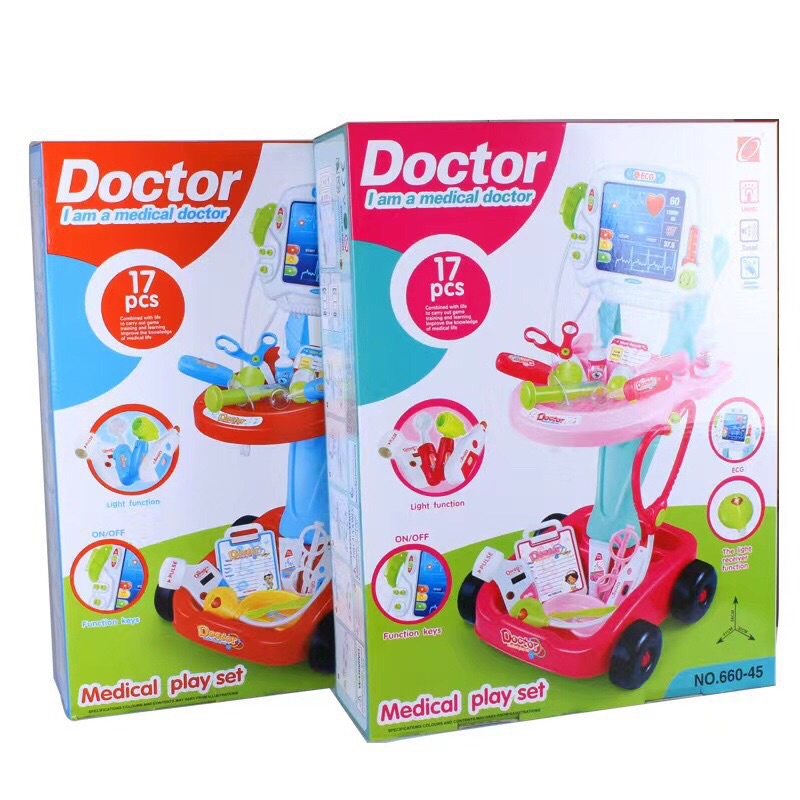 Đồ Chơi Bác Sĩ, Đồ Chơi Y Tế Có Xe Đẩy Phát Đèn, Âm Thanh Tặng Kèm Pin #660-46 #660-45 Medical Play Set
